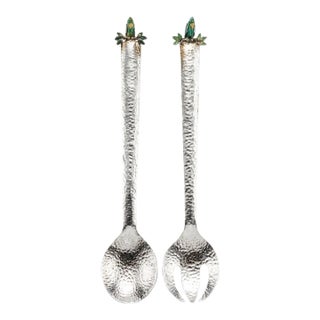 Set of Signed Emilia Castillo Silver Salad Servers With Malachite Parrots Rare - A Pair For Sale