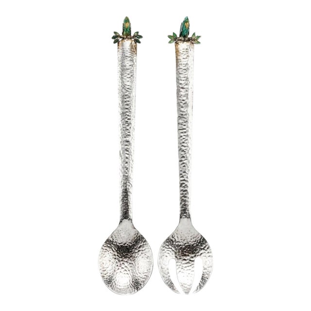 Set of Signed Emilia Castillo Silver Salad Servers With Malachite Parrots Rare - A Pair For Sale