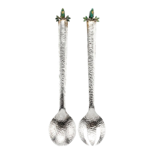 Set of Signed Emilia Castillo Silver Salad Servers With Malachite Parrots Rare - A Pair