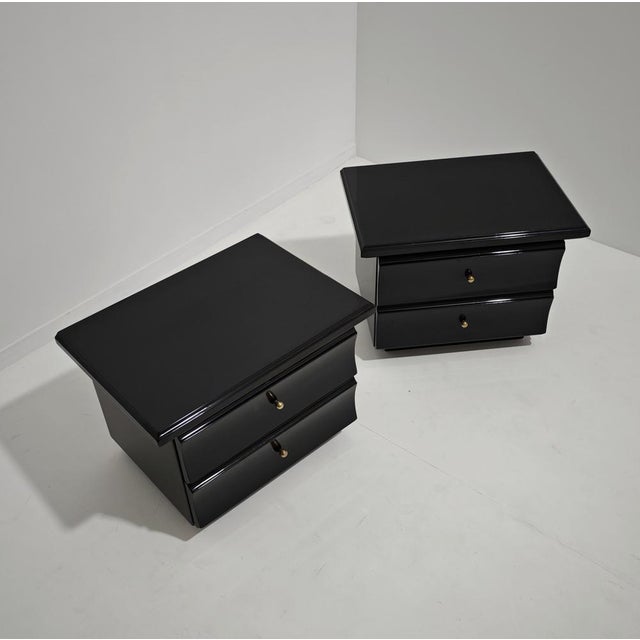 Vintage Bedside Tables in Glossy Black Lacquered Wood and Brass Knobs, 1970s, Set of 2 For Sale - Image 9 of 13