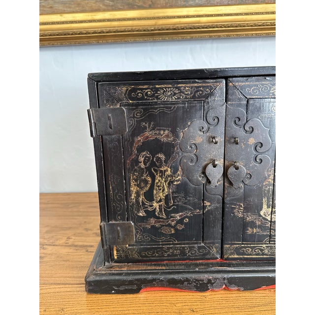 Antique Chinese Black Lacquer Jewelry Cabinet Gold Gilt Figural Chest For Sale - Image 11 of 11
