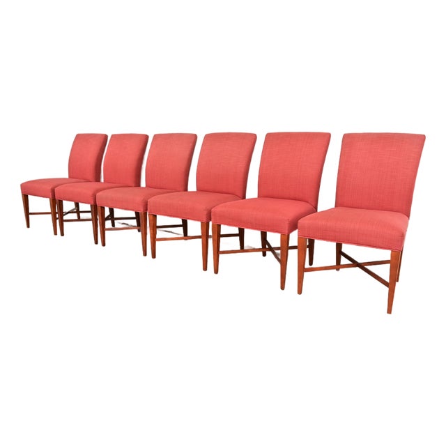 Baker Furniture Modern Regency Sycamore Wood Upholstered X-Base Dining Chairs, Set of Six For Sale