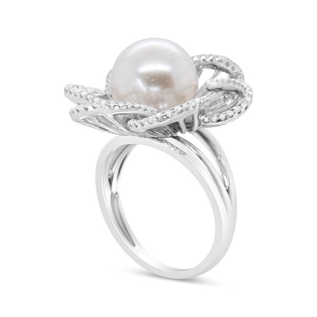 Haus of Brilliance 14K White Gold 11mm Round Pearl and 1/3 Cttw Round Diamond Openwork Flower Blossom Ring (H-I Color, VS1-VS2 Clarity) - Size 7 For Sale - Image 4 of 6