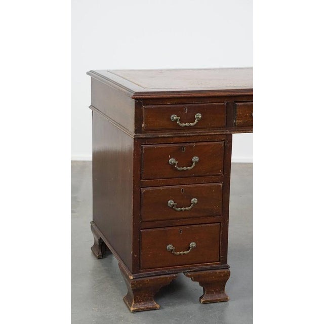 Wood English Desk with Leather Desktop and 9 Drawers For Sale - Image 7 of 16