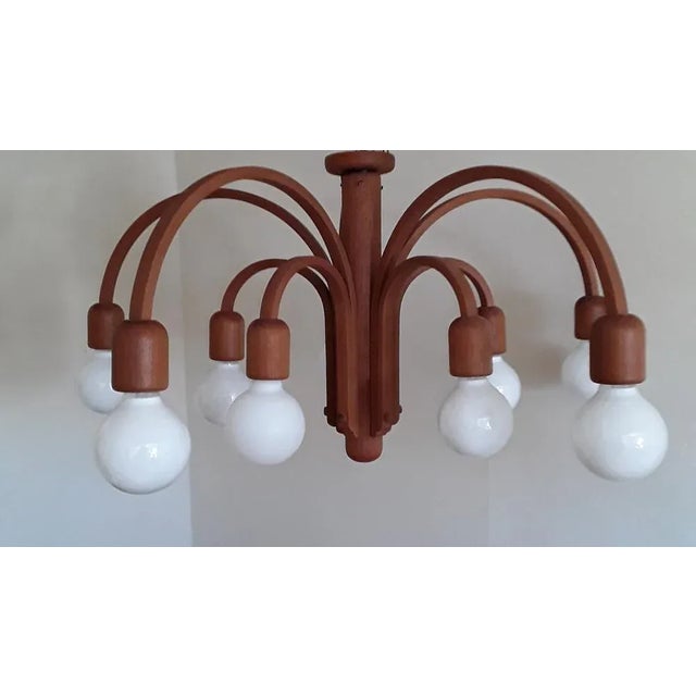 Vintage German 10-Flame Ceiling Lamp with Curved Teak Frame from Domus, 1970s For Sale - Image 6 of 6