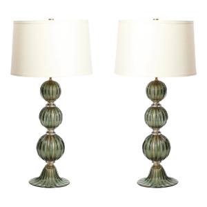 Modernist Hand-Blown Smoked Emerald Murano Glass Fluted Stacked Ball Table Lamps