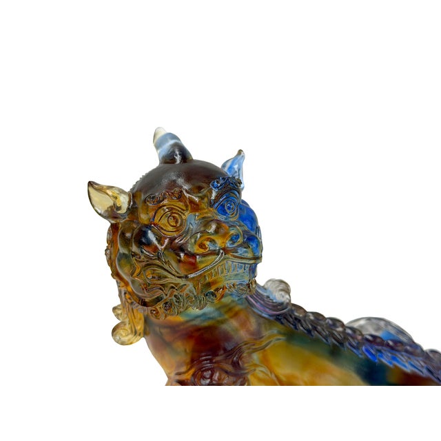 This exquisite art glass figure depicts a mythical Pixiu (or Pi Yao) in a poised, proud stance, sculpted with a rich...