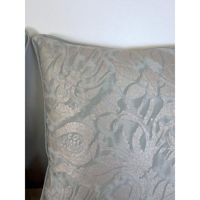 Textile Fortuny Cotton Damask Throw Pillows, Venetian Floral Motif, Aqua & Silver Pair For Sale - Image 7 of 10