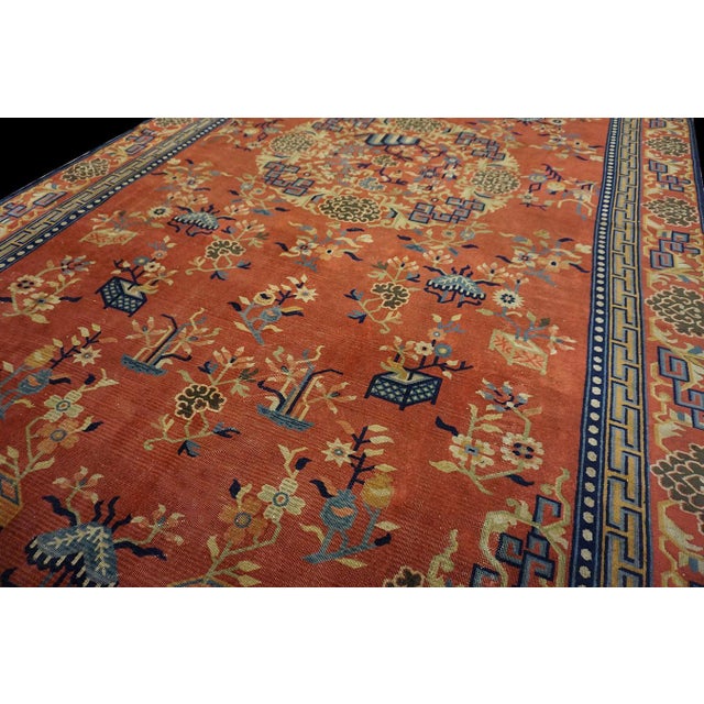 Chinese Aesthetic Persimmon Background Color With Allover-Floral Design Antique Chinese Rug For Sale - Image 3 of 9
