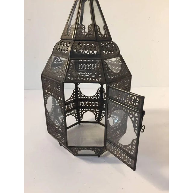 Bronze Moroccan Moorish Metal and Clear Glass Candle Lantern For Sale - Image 8 of 11