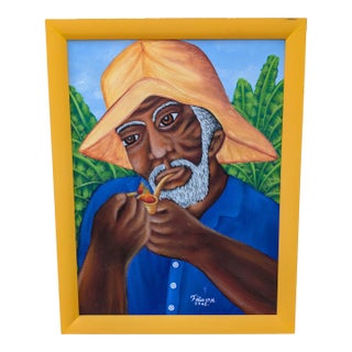 Lafortune Felix Original Painting 2002 - Man With a Pipe (Haitian Folkloric Art) For Sale