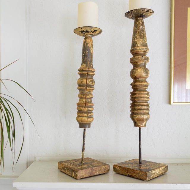 Pair of Wood Turned Rustic Painted Pillar Candle Holders From India For Sale - Image 10 of 14