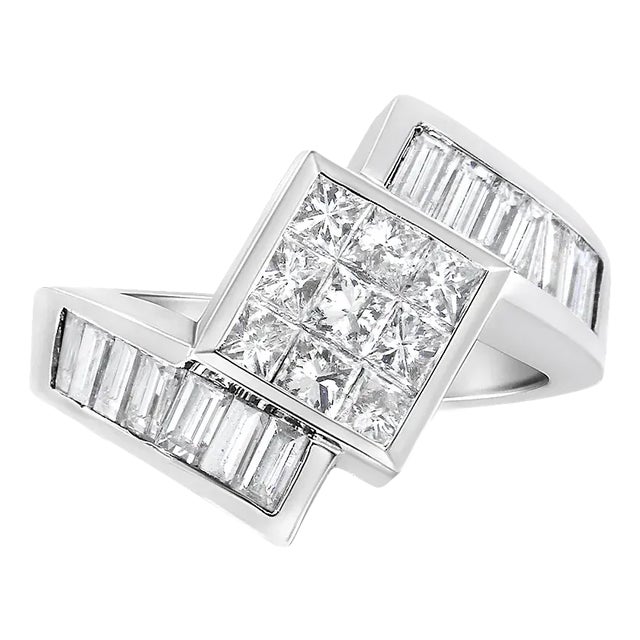 14K White Gold 2 1/5 Cttw Invisible-Set Princess and Channel-Set Baguette Diamond Bypass Kite-Set Ri For Sale