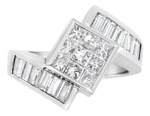 14K White Gold 2 1/5 Cttw Invisible-Set Princess and Channel-Set Baguette Diamond Bypass Kite-Set Ri