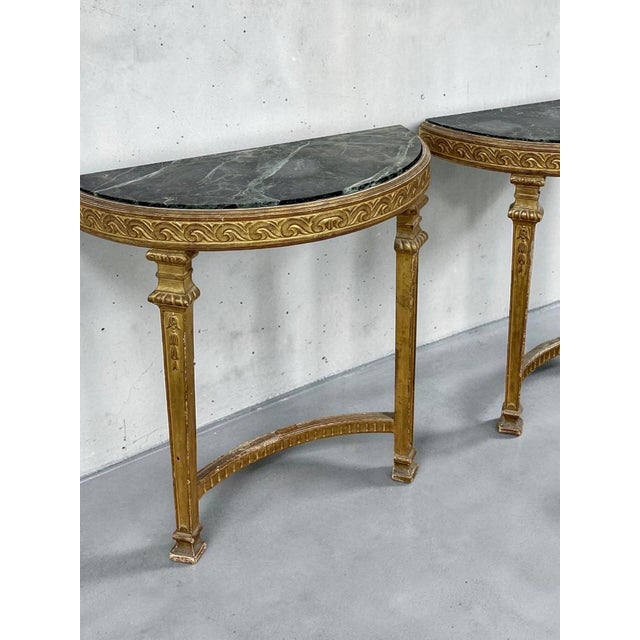 Giltwood Demilune Marble Console Tables, Set of 2 For Sale - Image 6 of 7