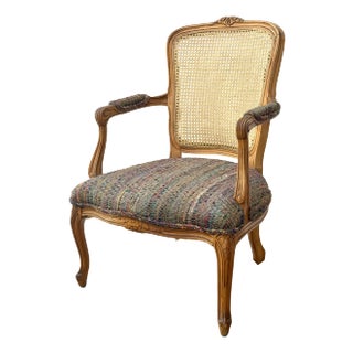 Late 20th Century French Provincial Louis XV Style Cane Back Arm Chair For Sale