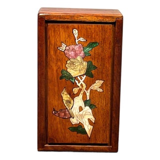 Vintage Pearwood Secret Mechanism Jewelry Box, Mother of Pearl Bird & Floral Inlay, Chinoiserie Keepsake Box For Sale