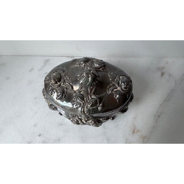 1900 - 1909 Antique Ornate Silver Plated Trinket Jewelry Box For Sale - Image 5 of 11
