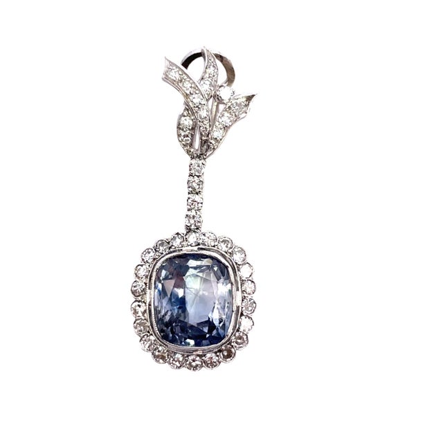 Metal Vintage 10k White Gold Ceylon Sapphire and Diamond Dangle Earrings, Pair For Sale - Image 7 of 7