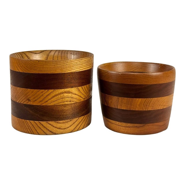 Mid-Century Turned Walnut Stripped Nesting Bowls - A Pair For Sale