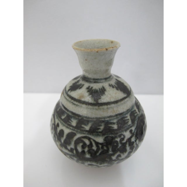 Antique Vietnamese Southeast Asian Blue Flower Pottery Jarlet Bottle Vase For Sale - Image 4 of 11