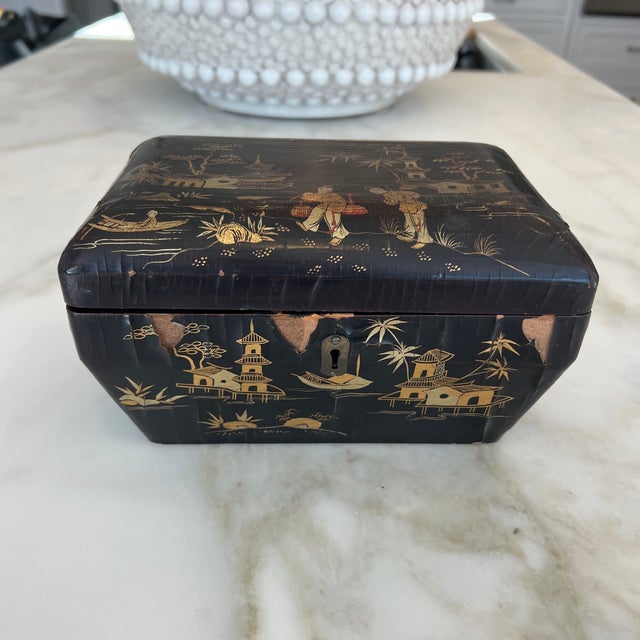 Antique Chinese Export Black Lacquered Tea Caddy