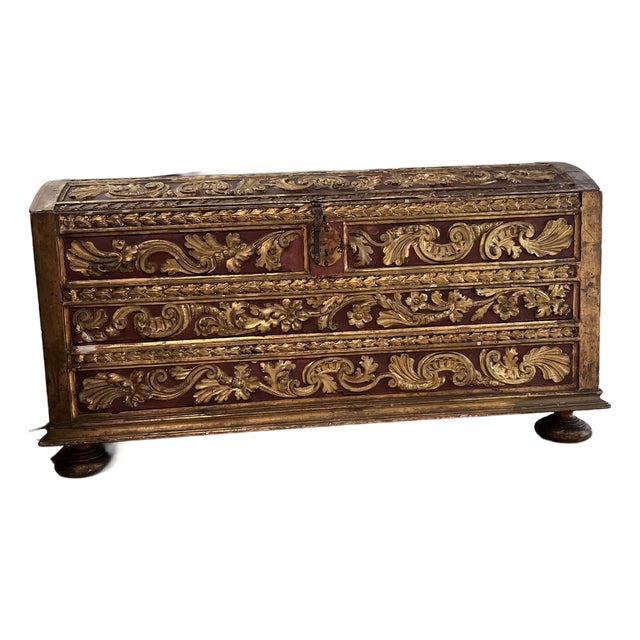 Early 18th Century Italian Carved Giltwood and Painted Dome Top Chest For Sale