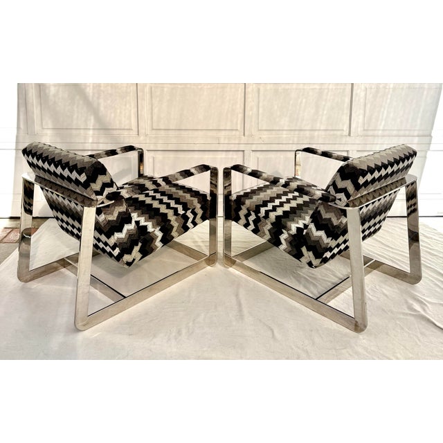 Pair of Mid-20th Century Chrome Frame Lounge Chairs With Flame Stitch Upholstery, Newly Recovered For Sale - Image 9 of 16