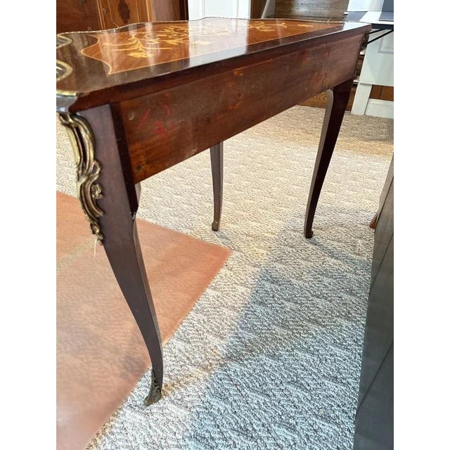 Louis XV–style Marquetry Console Table With Decorative Gilt-Metal Mounts For Sale - Image 4 of 9