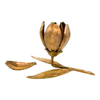 Vintage Brass Flower Candleholder With 6 Removable Petal Ashtrays – Hollywood Regency / Mid-Century Modern For Sale