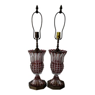 Vintage Bohemian Ruby Red / Cranberry Cut to Clear Glass Table Lamps – A Pair For Sale