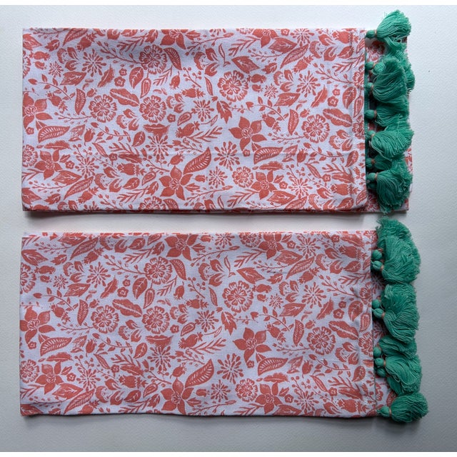 Pair Unused White Cotton, Coral Floral, Teal Tasseled Hand Towels For Sale - Image 9 of 17