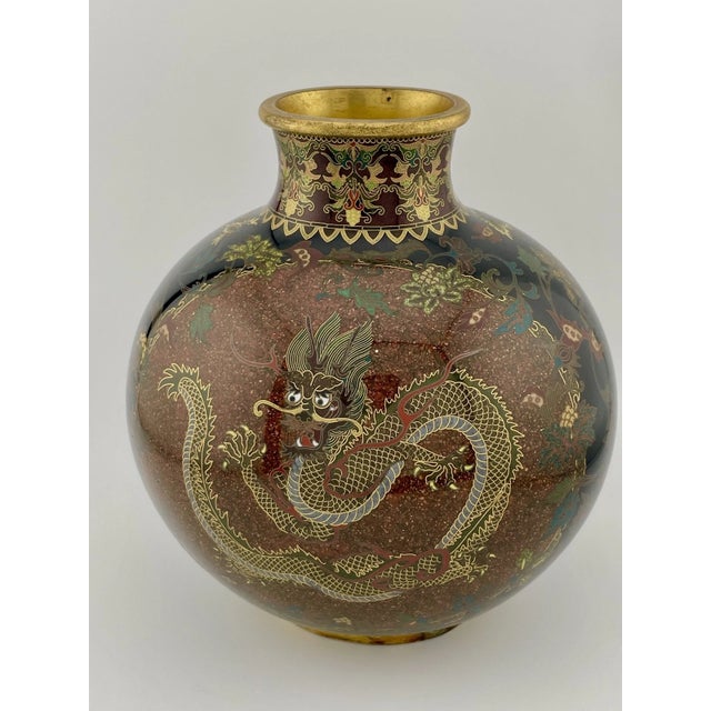 Exceptional Antique Japanese Cloisonné Vase – Brown Gold Fleck (Aventurine) Dragon Motif – Meiji Period Artistry For Sale In Dallas - Image 6 of 15