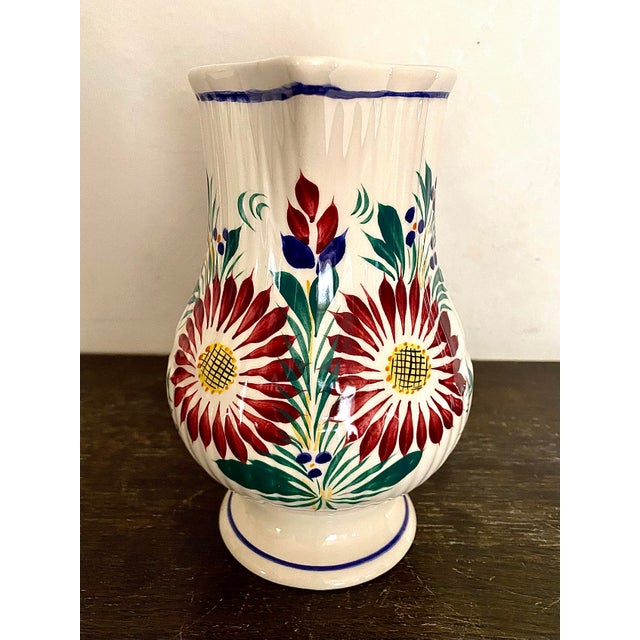 Vintage French faience pottery ribbed, footed pitcher made by HB Henriot Pottery near Quimper in Brittany, France between...