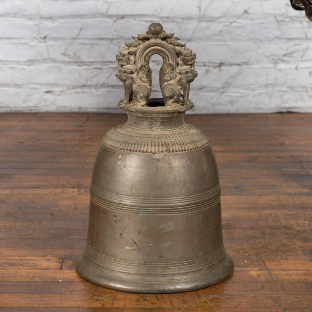 19th Century Burmese Mandalay Temple Bronze Bell with Cast Guardian Lions For Sale - Image 10 of 13