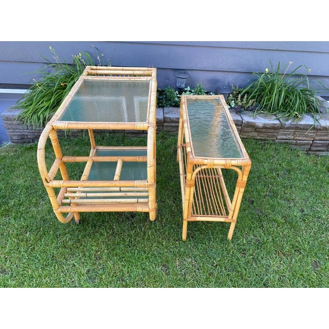 Mid-Century Modern 1950s Mid Century Bamboo and Rattan Bar Cart Trolley - Set of 2 For Sale - Image 3 of 12