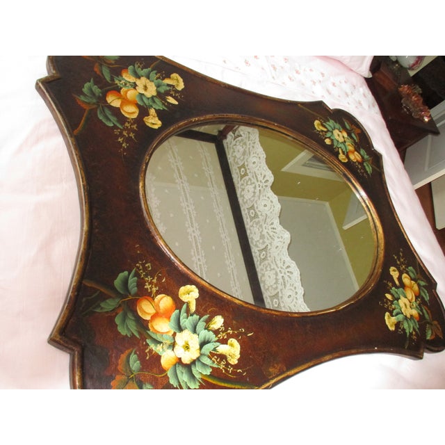 Vintage French Country Ornate Hand Painted Wood With Flower Design Mirror For Sale - Image 14 of 15