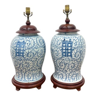 Mid 20th Century Blue & White Ginger Jar Lamps - a Pair For Sale
