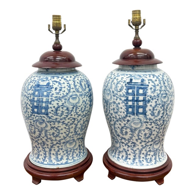 Mid 20th Century Blue & White Ginger Jar Lamps - a Pair For Sale