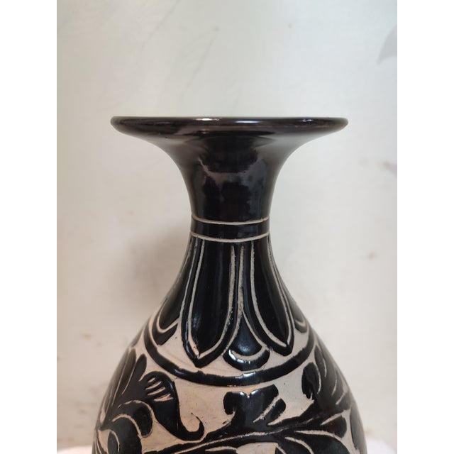 Black Chinese Ceramic Vase Cizhou Ware Black Glaze Porcelain Yuhuchun Vase Hand Carved Flowers Pattern For Sale - Image 8 of 11