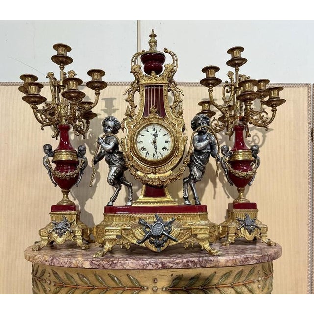Louis XV Clock and Candelabras in Bronze and Red Marble, Set of 3 For Sale - Image 9 of 9