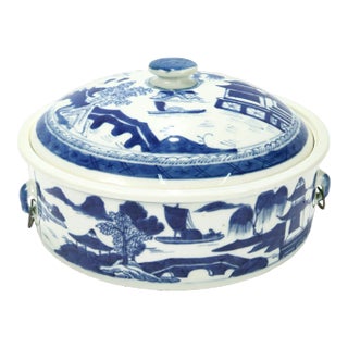 Old Round Blue & White Canton Chinese Export Porcelain Covered Tureen/Vegetable For Sale