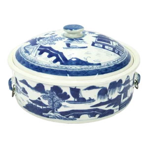 Old Round Blue & White Canton Chinese Export Porcelain Covered Tureen/Vegetable