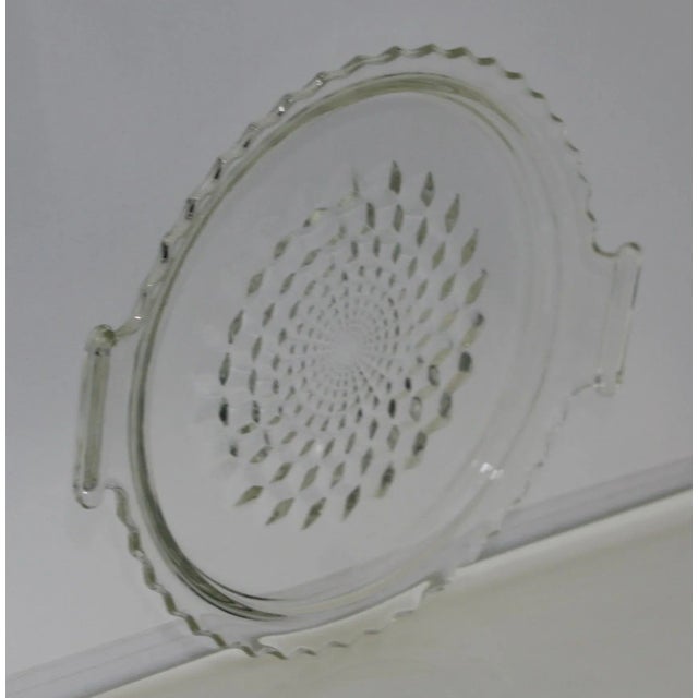 1930s Vintage Jeannette Depression Glass Clear Cubist Diamond Pattern Dual Handle Serving Tray For Sale - Image 5 of 7