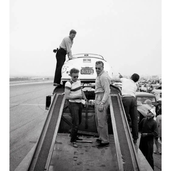 James Dean Standing With Porsche at Car Rally Archival Pigment Print- 16" X 20" Inches For Sale