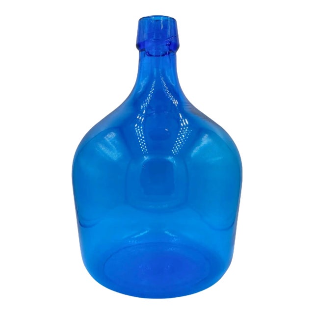 Vintage Mid-Century Blue Glass Bottle Jug Vase Hand-Made For Sale