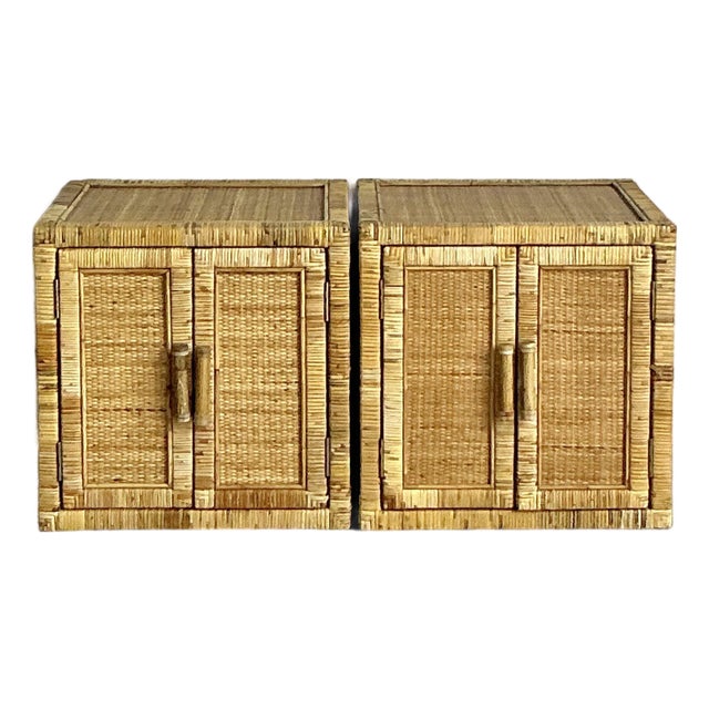 Vintage Boho Wrapped Rattan Nightstands - A Pair For Sale