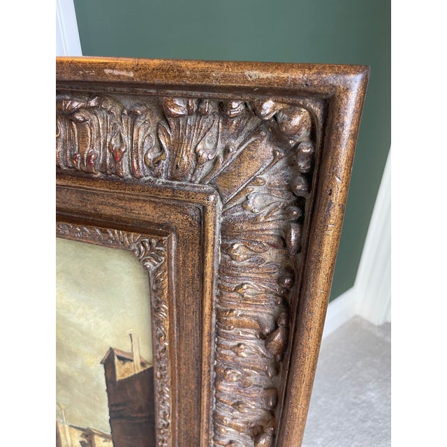 In the manner of the Italian School of Painting, this oil or acrylic painting of an Italian architectural scene measures...