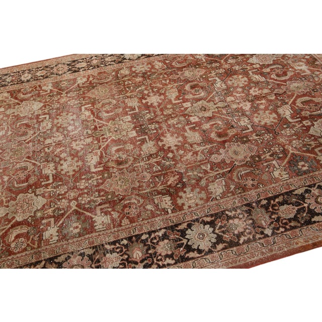 1920s Handmade Antique Persian Mahal Floral Wool Rug in Rust For Sale In New York - Image 6 of 7