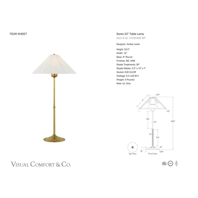 Amber Lewis by Visual Comfort Signature Soren 23" Table Lamp in Hand-Rubbed Antique Brass with Silk Pleated Shade...